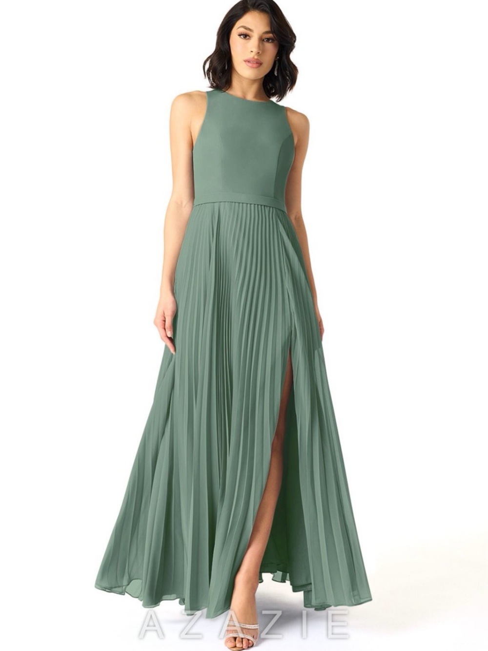 Azazie Lindie Sage Pleated High-Neck Maxi Dress